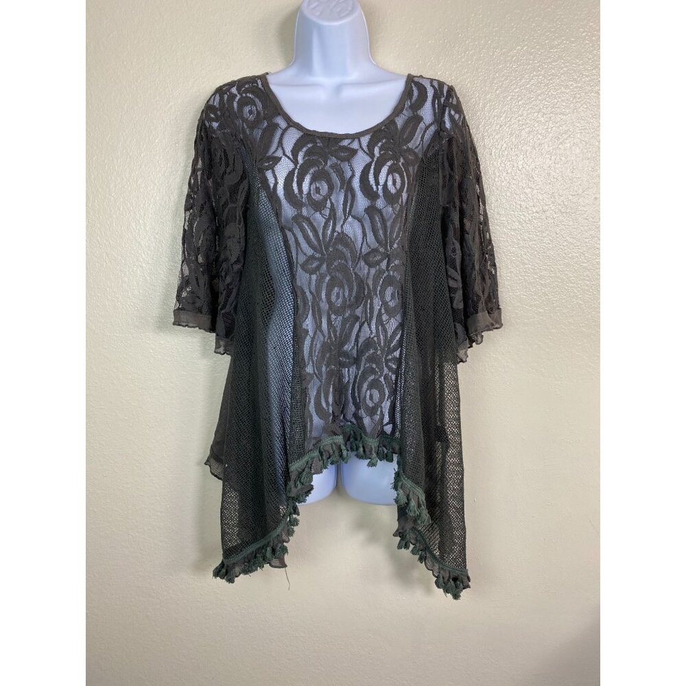 Pretty Angel Olive Lace‎ Mesh Asymmetrical Tunic Top size Small Lagenlook Linen